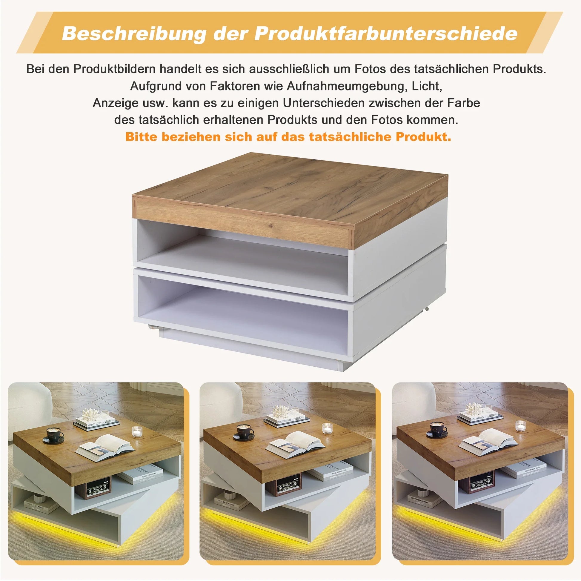 Table basse blanche et en bois carrée 65x65x40 cm avec plateau pivotant 360° et lumières LED