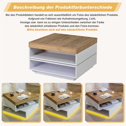 Table basse blanche et en bois carrée 65x65x40 cm avec plateau pivotant 360° et lumières LED