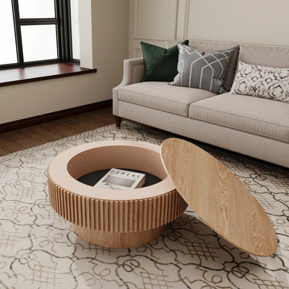 Table basse en bois massif ronde 75 cm avec rangement