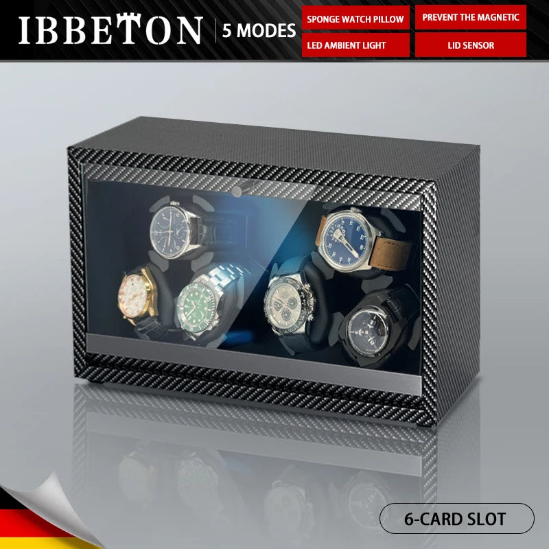 IBBETON 1 2 4 6 Slot Luxury Watch Winder For Automatic Watches Box  Carbon Fiber Texture With Mute Motor Watch Automati