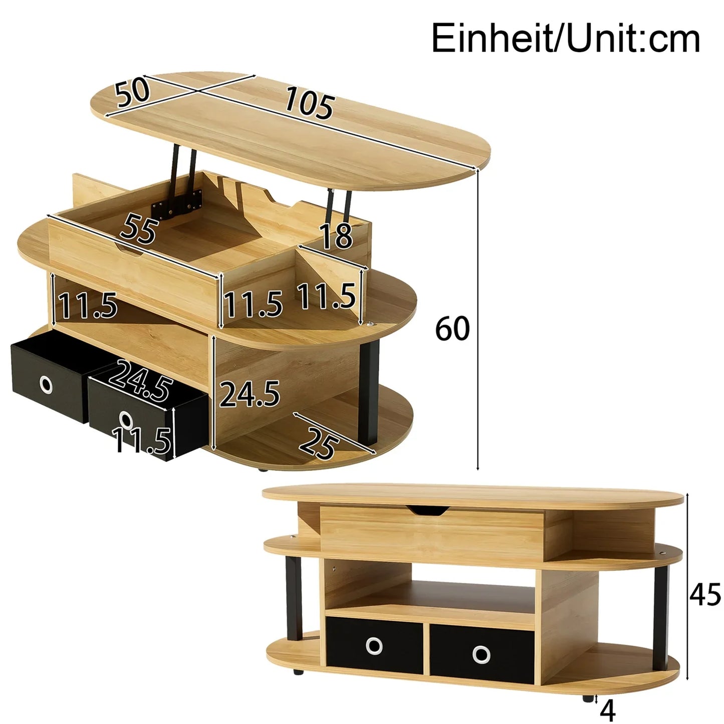 Table basse en bois et noir 105x50x45-60 cm avec fonction relevable et tiroirs