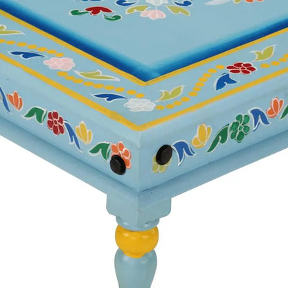 Table basse en bois massif mangue peinte à la main turquoise
