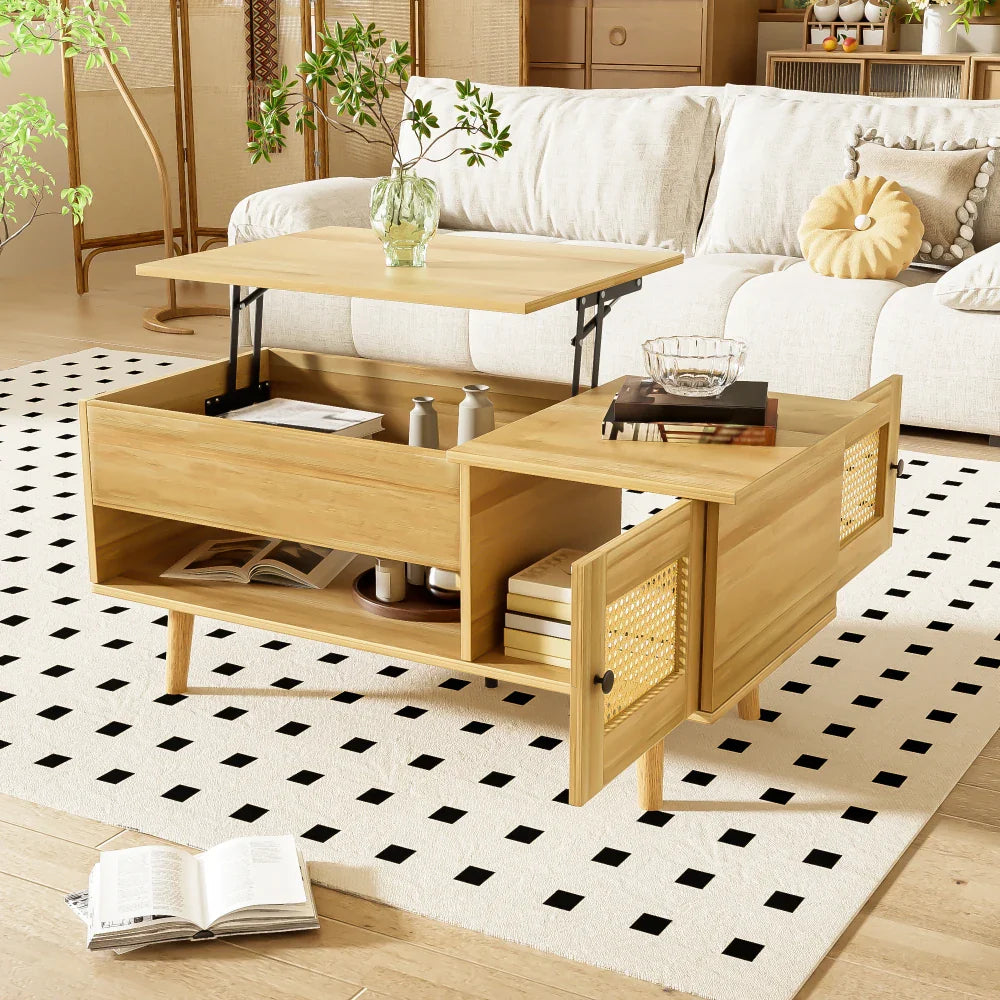 Table basse bois clair avec plateau relevable et portes en rotin 103x50x46 cm