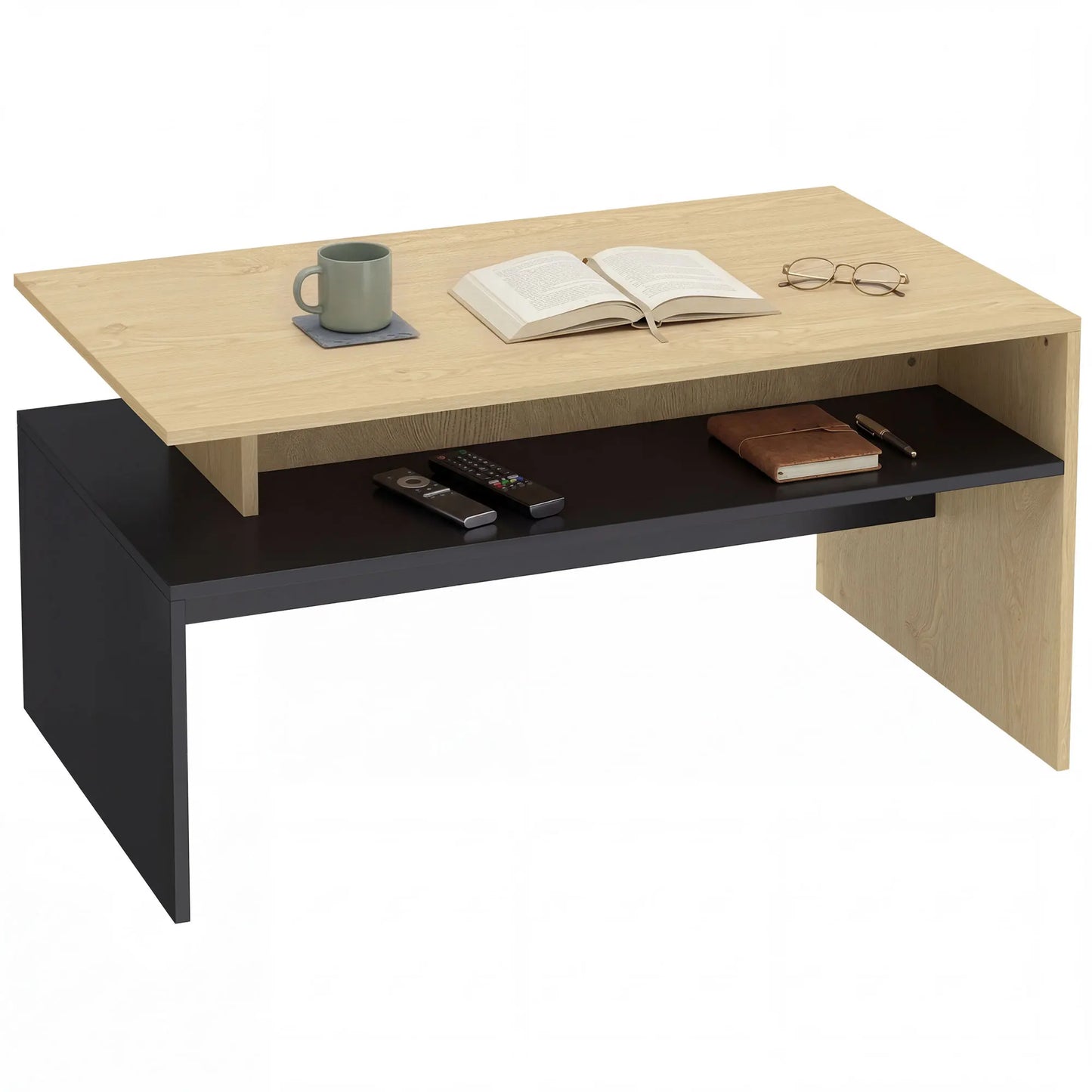 Table basse en bois et noir à niveaux décalés avec étagère de rangement 95x55x50 cm MDF