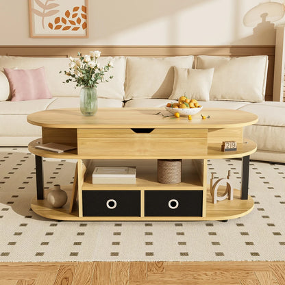 Table basse en bois et noir 105x50x45-60 cm avec fonction relevable et tiroirs