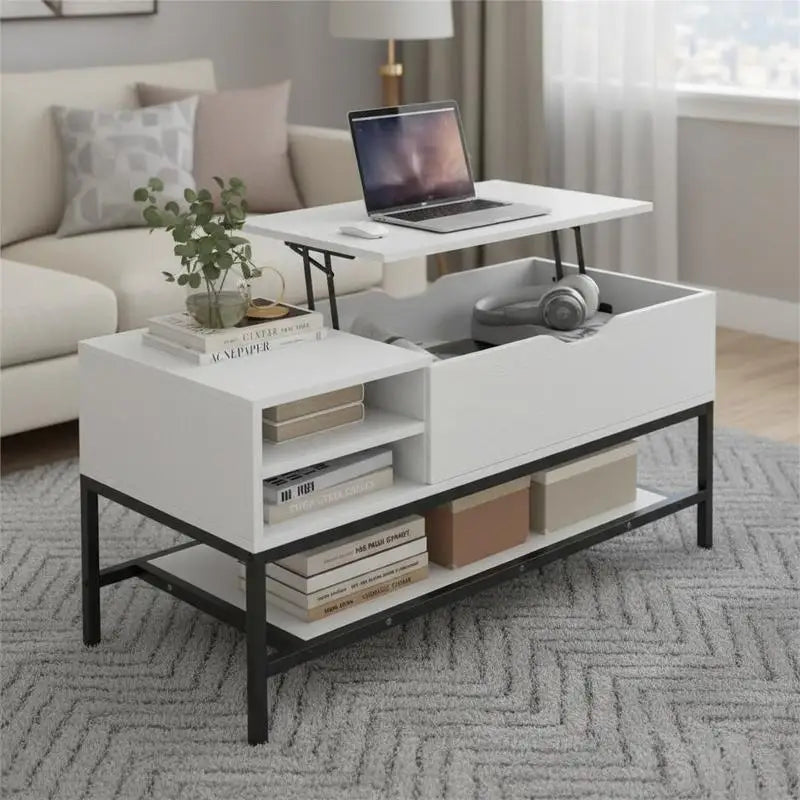 Table basse blanche et en bois avec plateau levant et compartiment caché