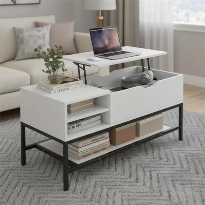 Table basse blanche et en bois avec plateau levant et compartiment caché