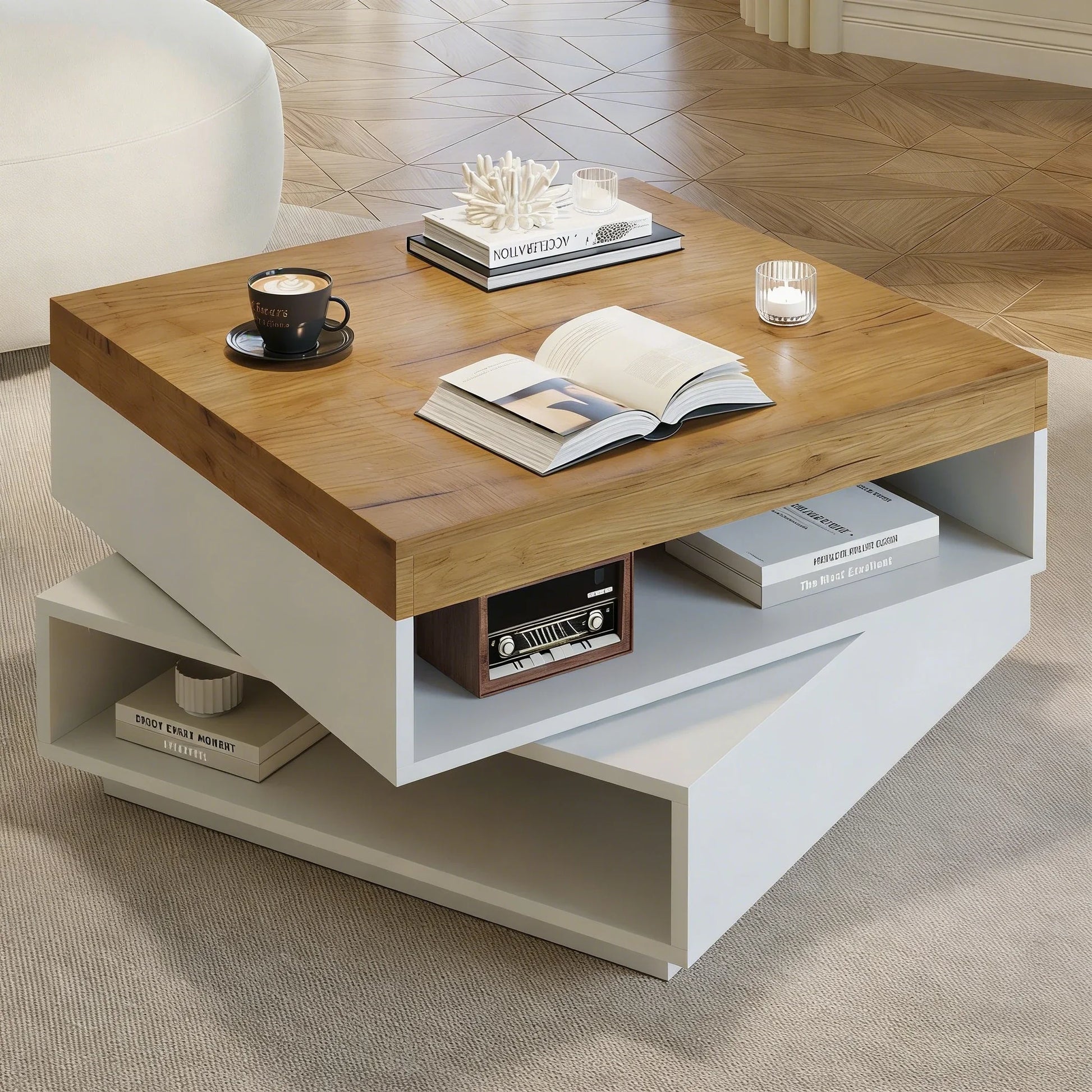 Table basse blanche et en bois carrée 65x65x40 cm avec plateau pivotant 360° et lumières LED