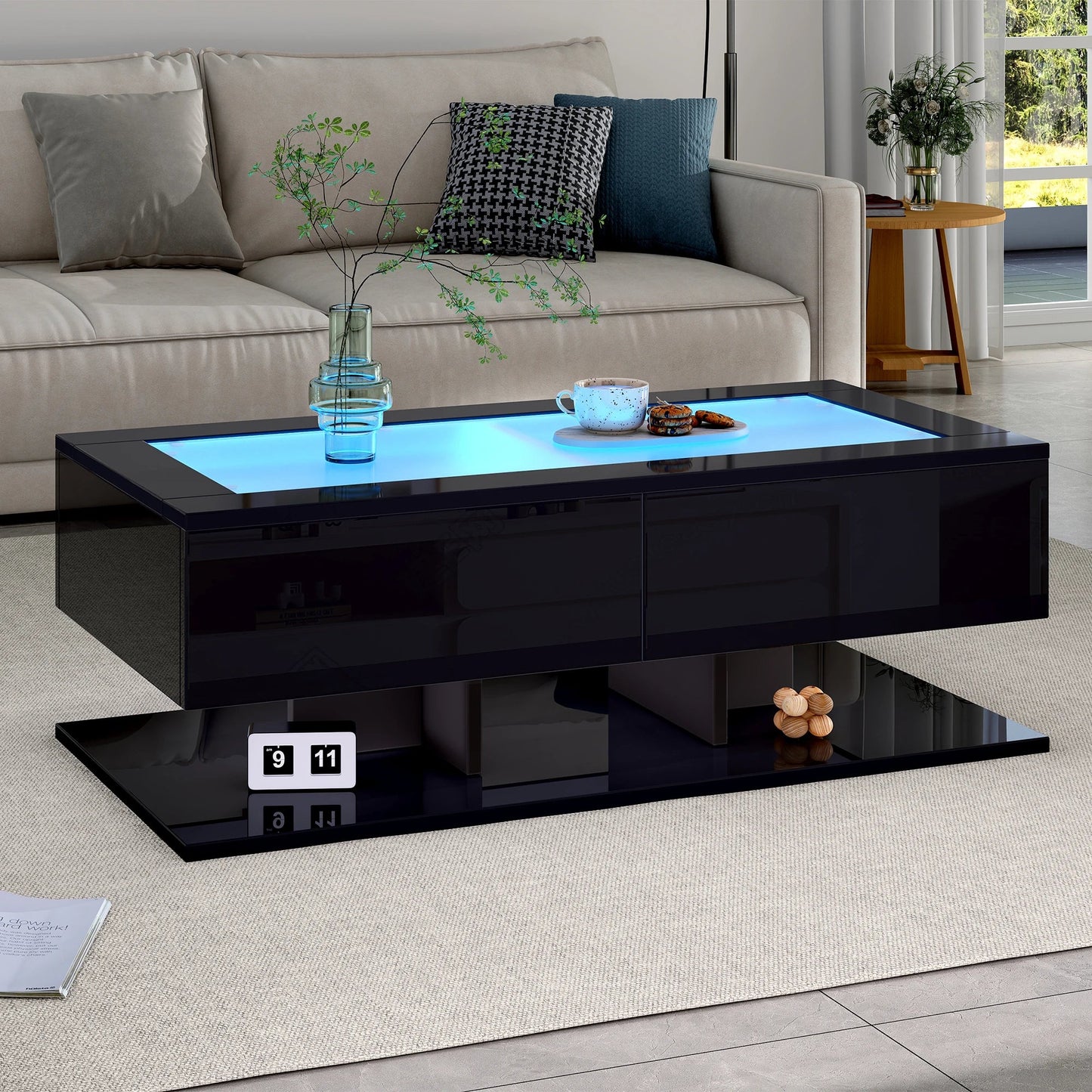 Table basse en bois et noir rectangulaire avec LED et rangement, plateau en verre trempé
