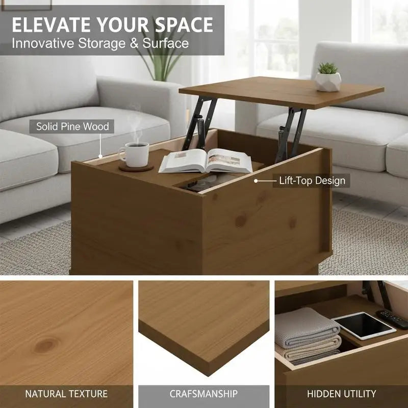 Table basse en bois massif pin relevable avec rangement 110 x 50 x 33,5 cm nature