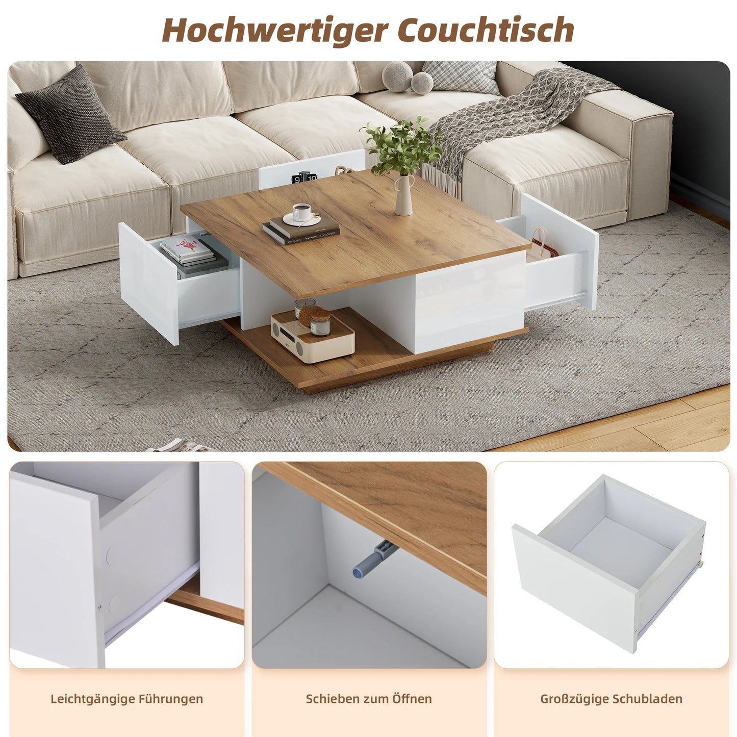 Table basse blanche et en bois avec tiroirs géométrique haut brillant
