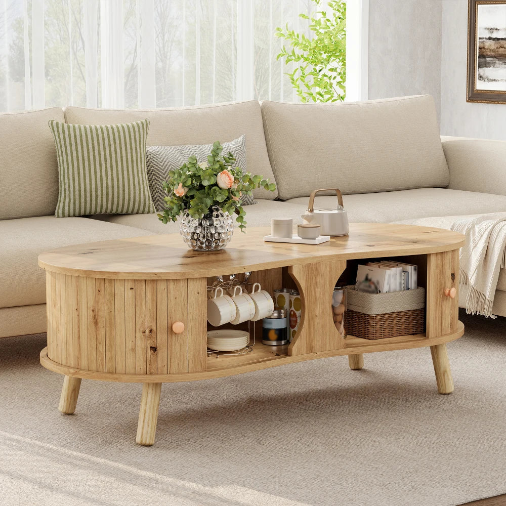 Table basse en bois massif forme de pois avec portes coulissantes 108 x 50 x 37 cm nature
