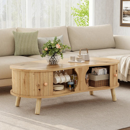 Table basse en bois massif forme de pois avec portes coulissantes 108 x 50 x 37 cm nature
