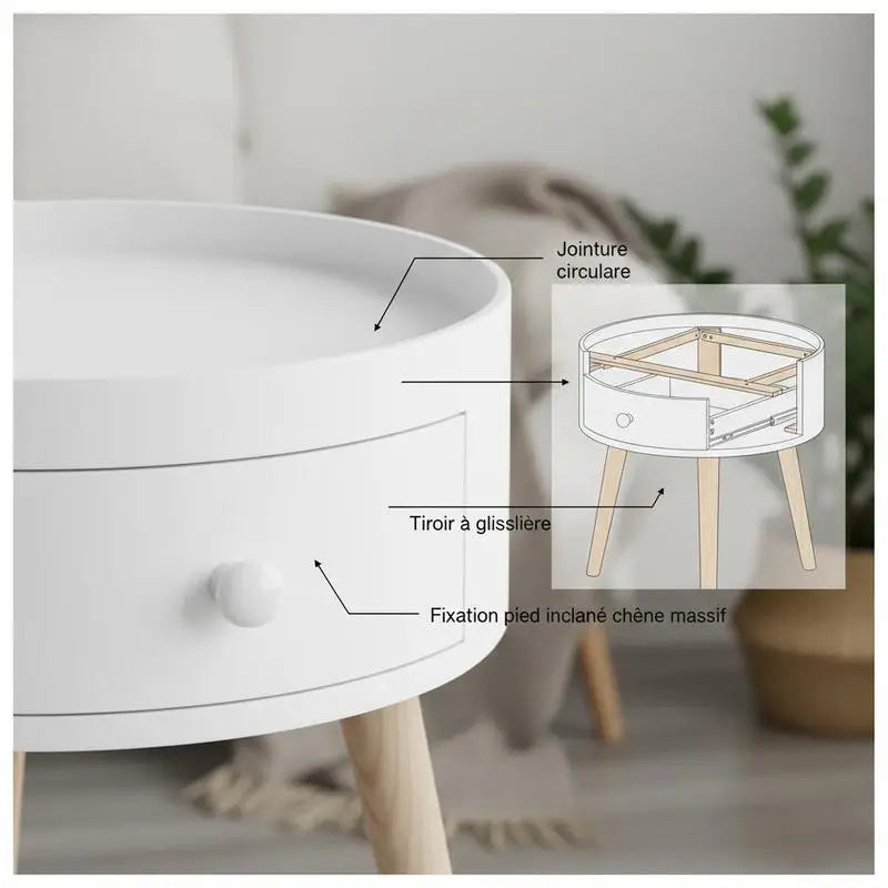 Table basse blanche et en bois ronde avec tiroir 85 x 50 x 45 cm pin massif