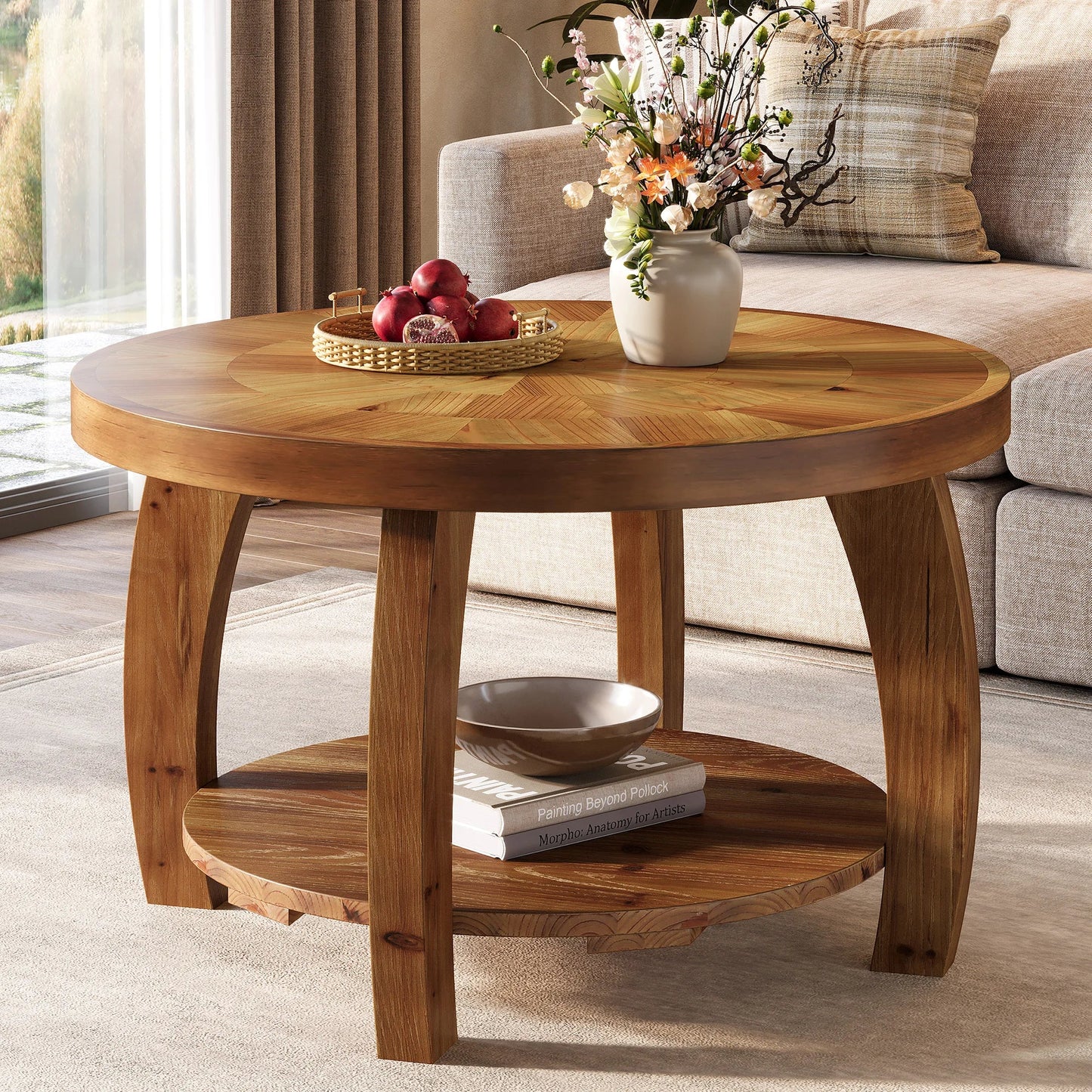 Table basse en bois massif ronde 2 niveaux avec rangement étagère