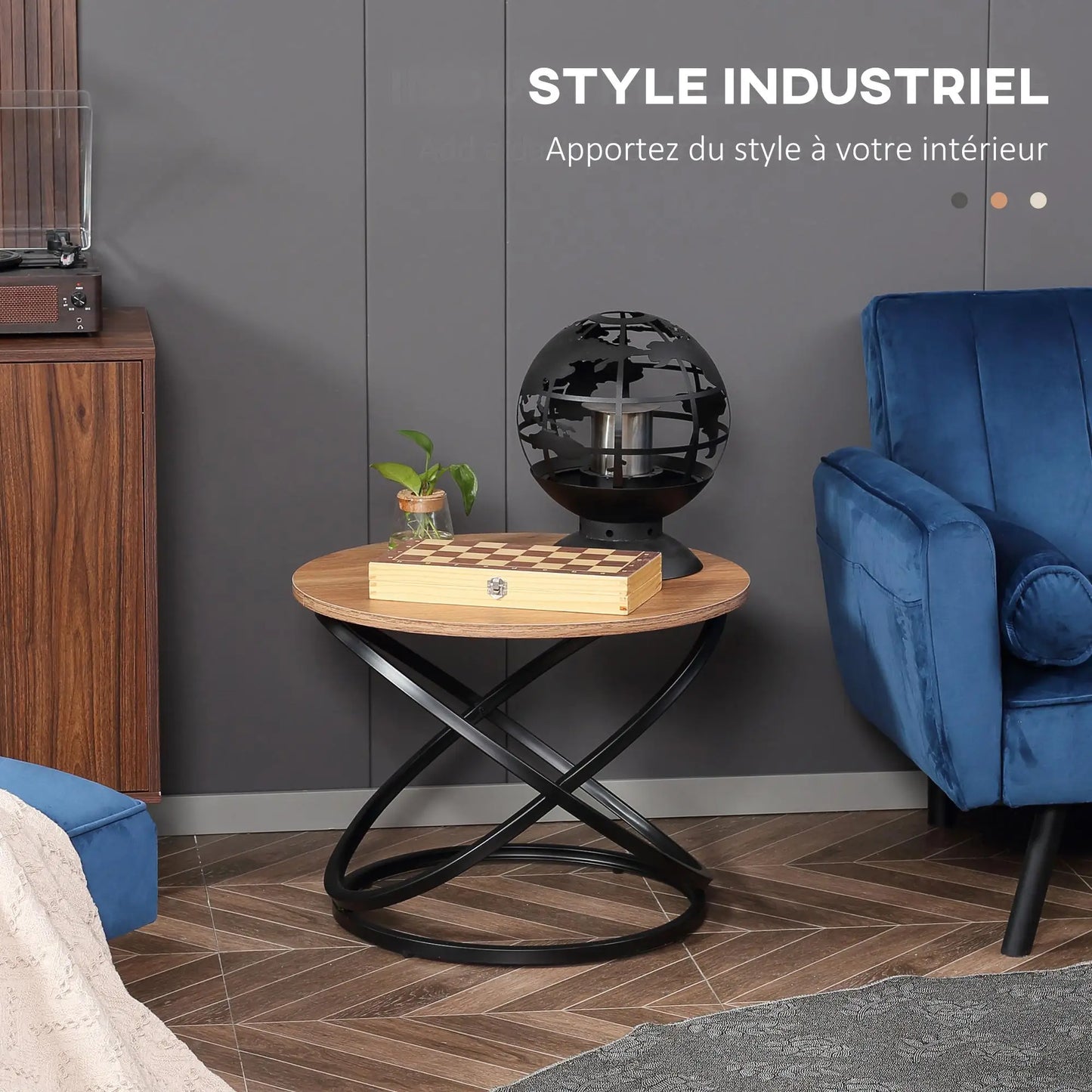 Table basse ronde en bois 60 cm avec cadre métal noir