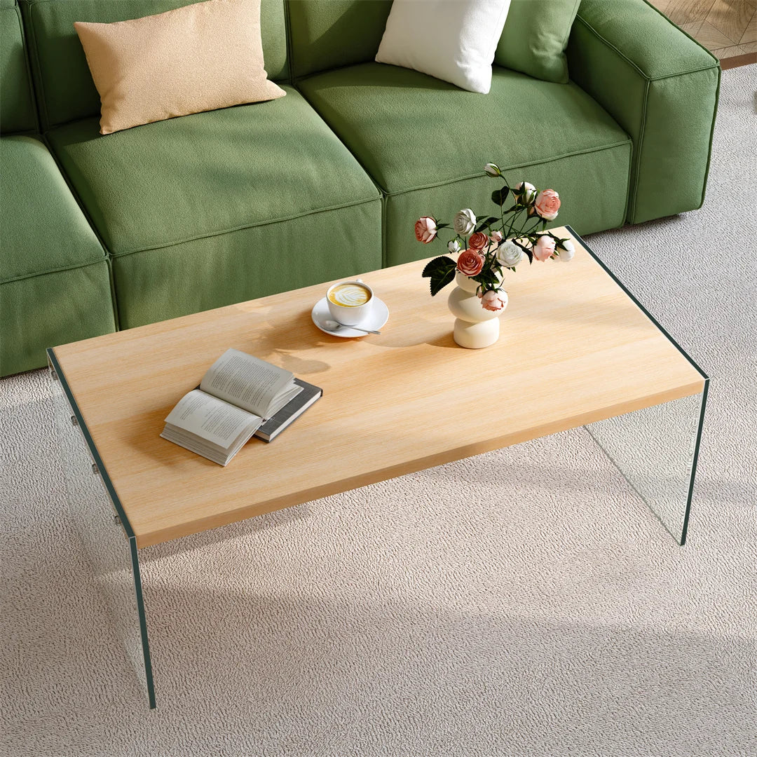 Table basse bois clair 120x60x45 cm avec plateau en verre trempé