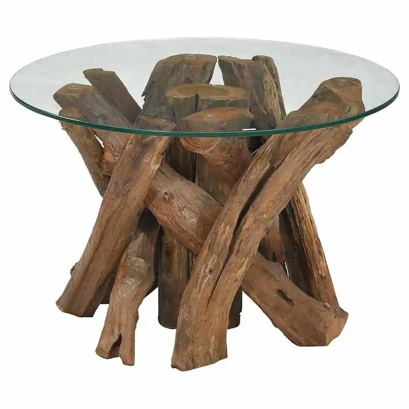 Table basse en bois massif teck bord brut 60 cm ronde