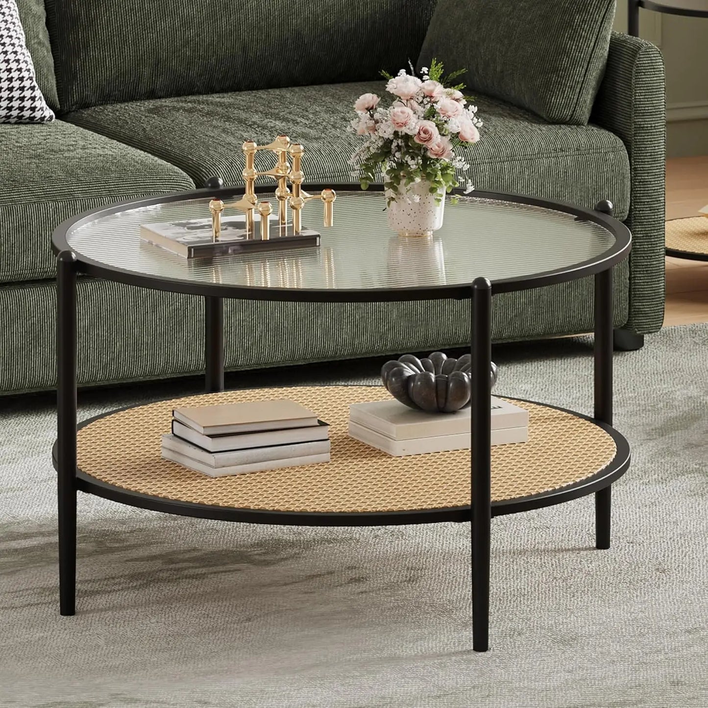 Table basse en bois et noir ronde en rotin 78 cm avec plateau en verre trempé