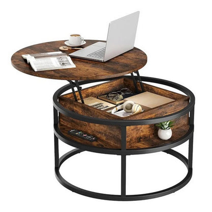 Table basse ronde en bois avec plateau relevable et rangement 80x80x47 cm