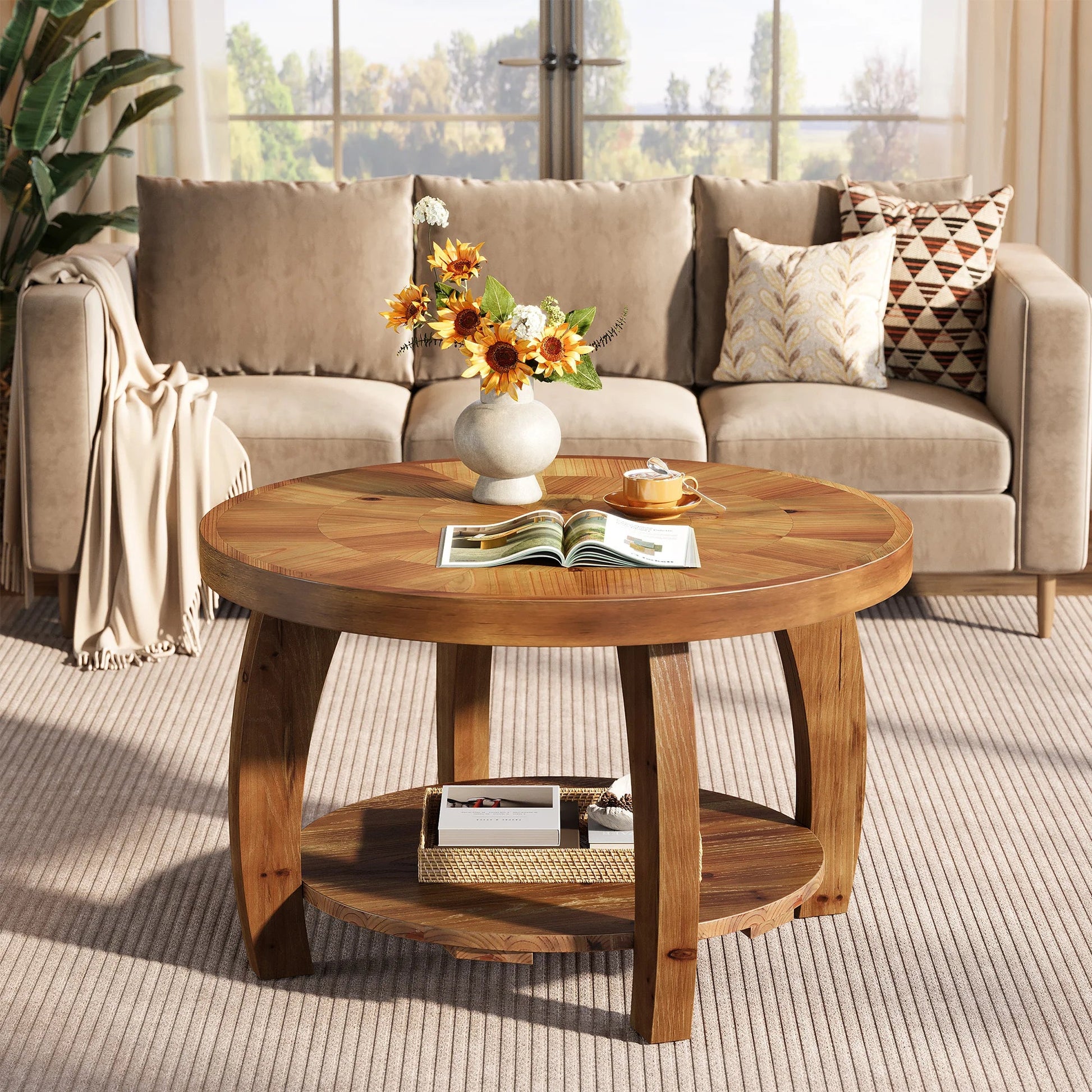 Table basse en bois massif ronde 2 niveaux avec rangement étagère