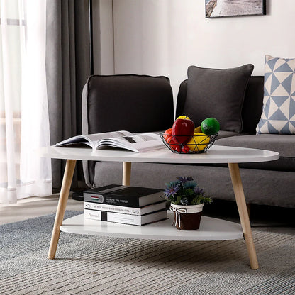 Table basse blanche et en bois ovale 2 niveaux 90x60x40 cm