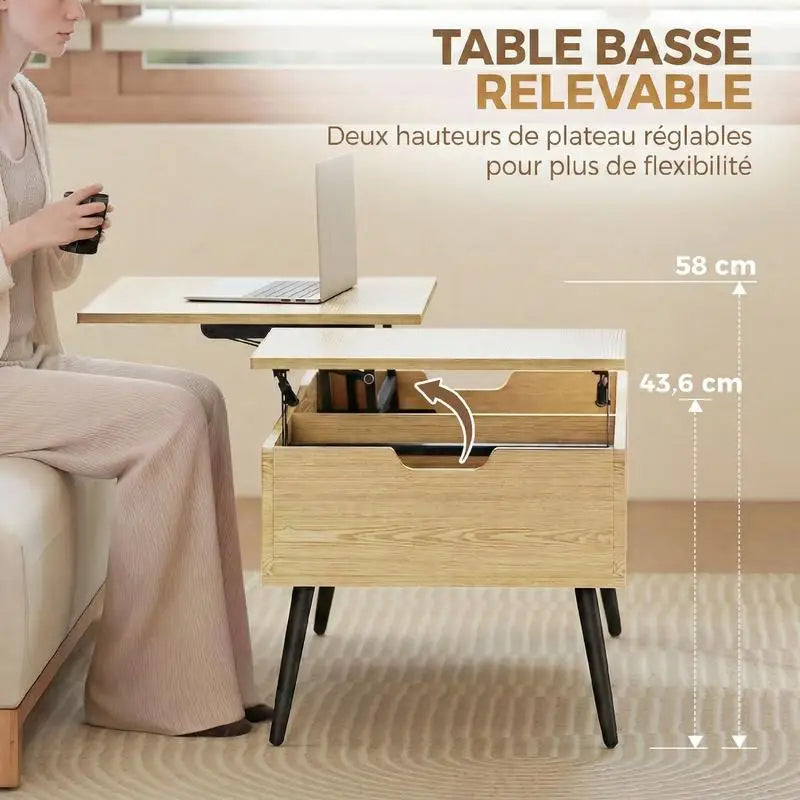 Table basse bois clair avec plateau relevable et rangement caché 70x70x29 cm