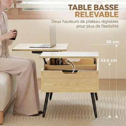 Table basse bois clair avec plateau relevable et rangement caché 70x70x29 cm