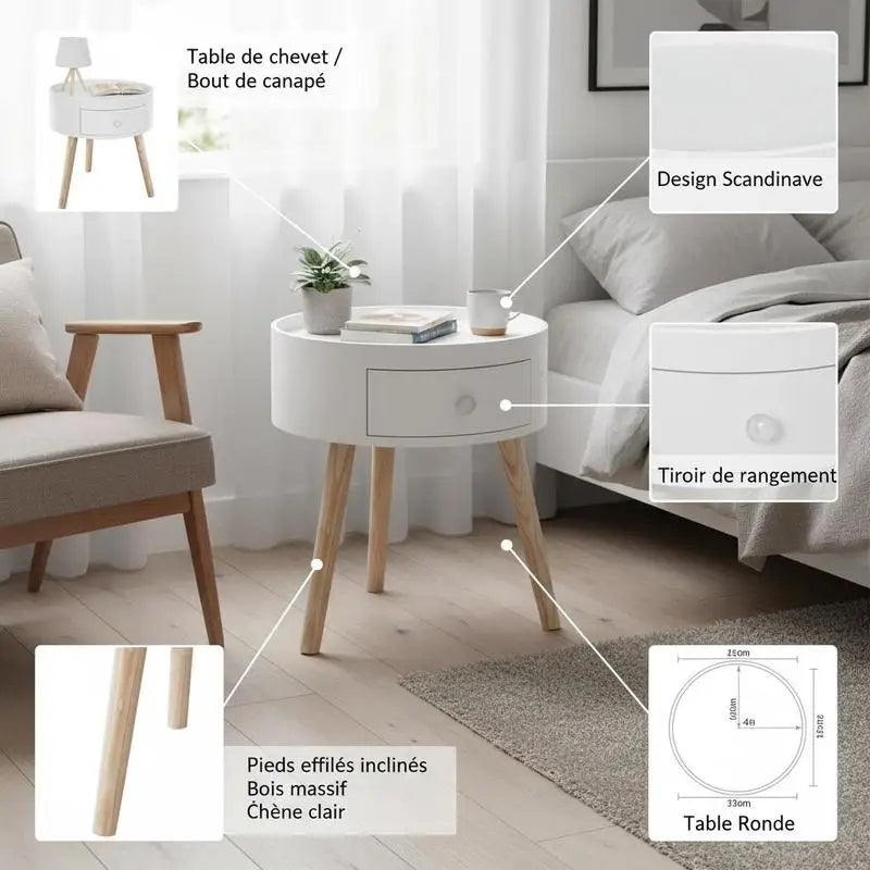 Table basse ronde en bois chêne clair et blanc avec tiroir