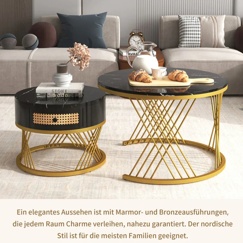 Table basse ronde en bois MDF avec plateau marbre et tiroirs rotin