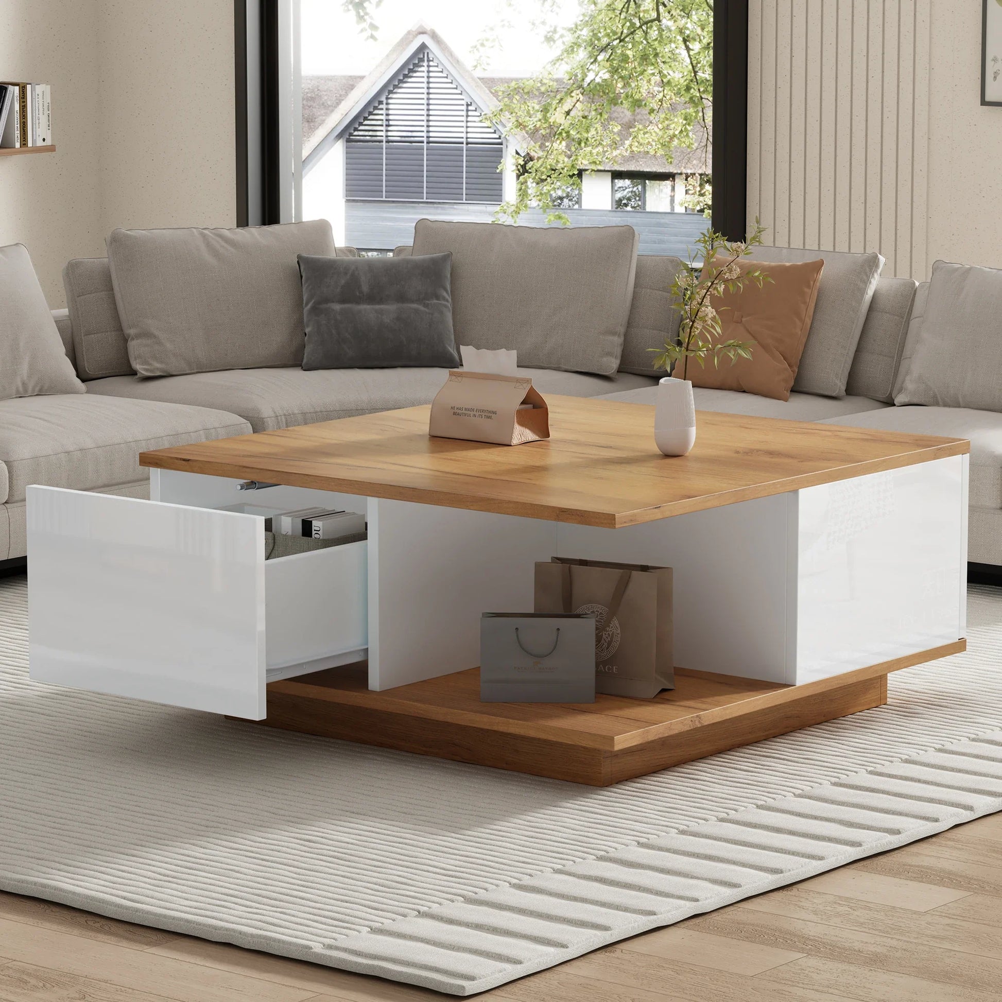 Table basse blanche et en bois avec tiroirs géométrique haut brillant