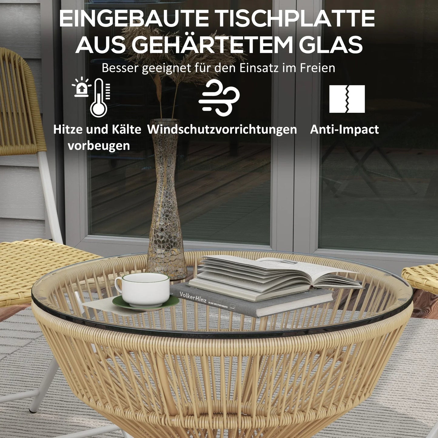 Table basse ronde en bois rotin PE avec plateau en verre trempé 60 cm