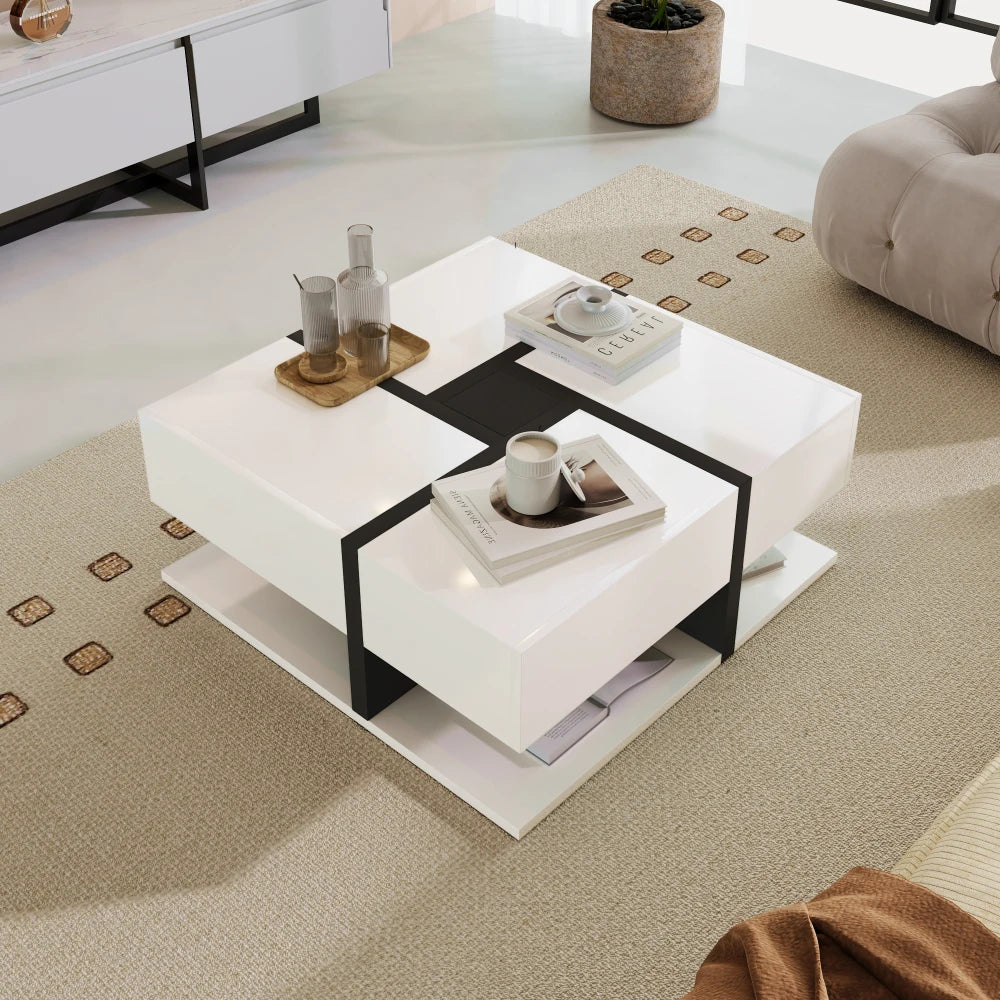Table basse bois clair 78x78x36 cm avec 4 tiroirs et rangement double niveau