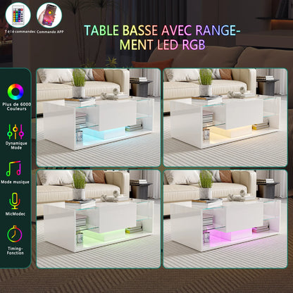 Table basse blanche et en bois avec éclairage LED et rangement