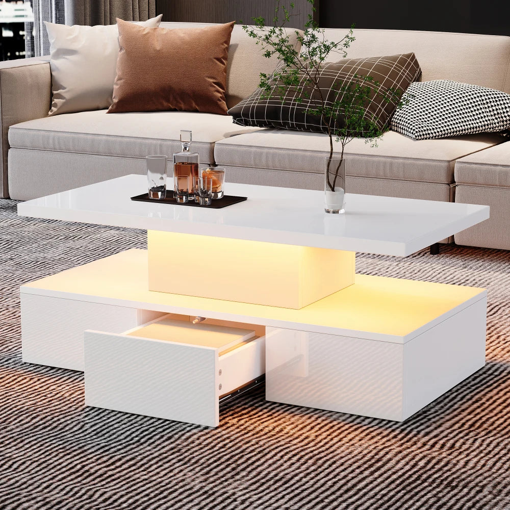 Table basse blanche et en bois rectangulaire avec LED et tiroir 100x50x39 cm
