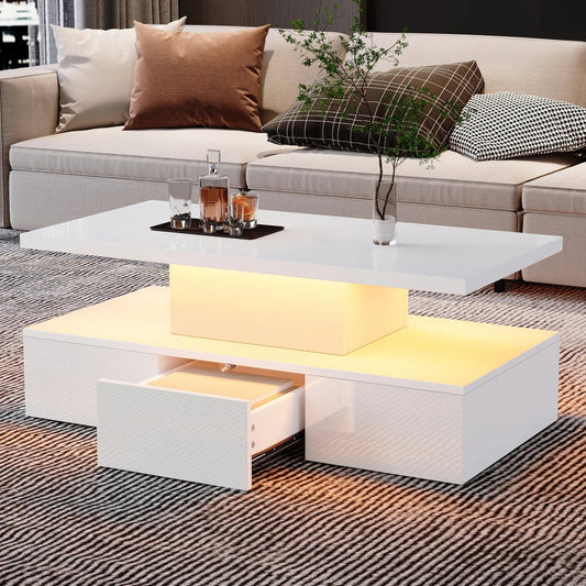 Table basse blanche et en bois rectangulaire avec LED et tiroir 100x50x39 cm