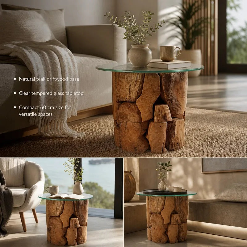 Table basse en bois massif teck 60 cm verre trempé brune
