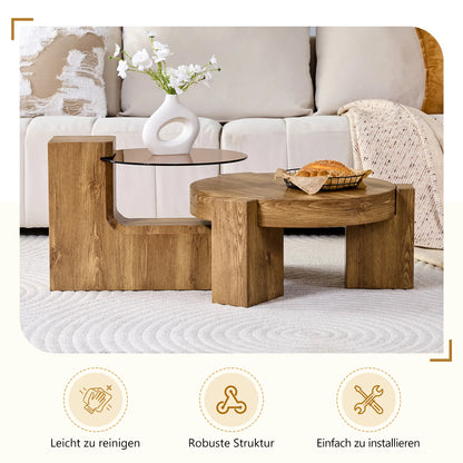 Table basse ronde en bois MDF et verre trempé teinté brun gigogne 2 pièces