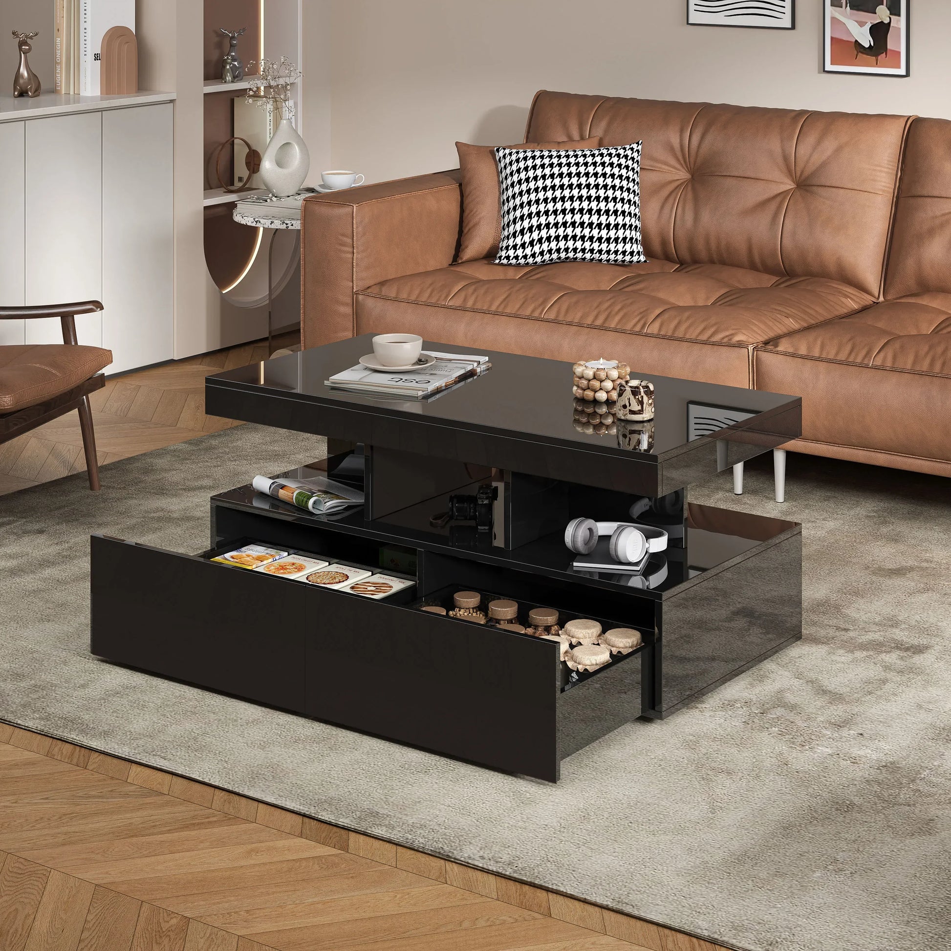 Table basse en bois et noir avec tiroirs et LED 104x53x46 cm