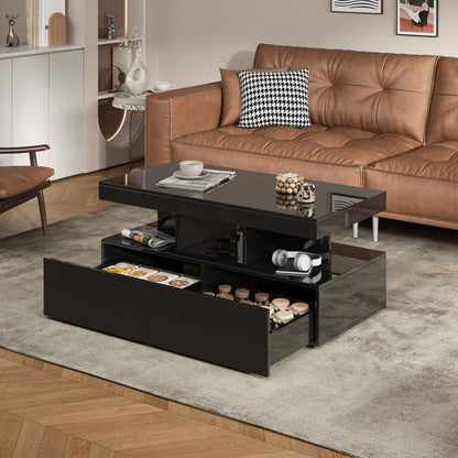 Table basse en bois et noir avec tiroirs et LED 104x53x46 cm