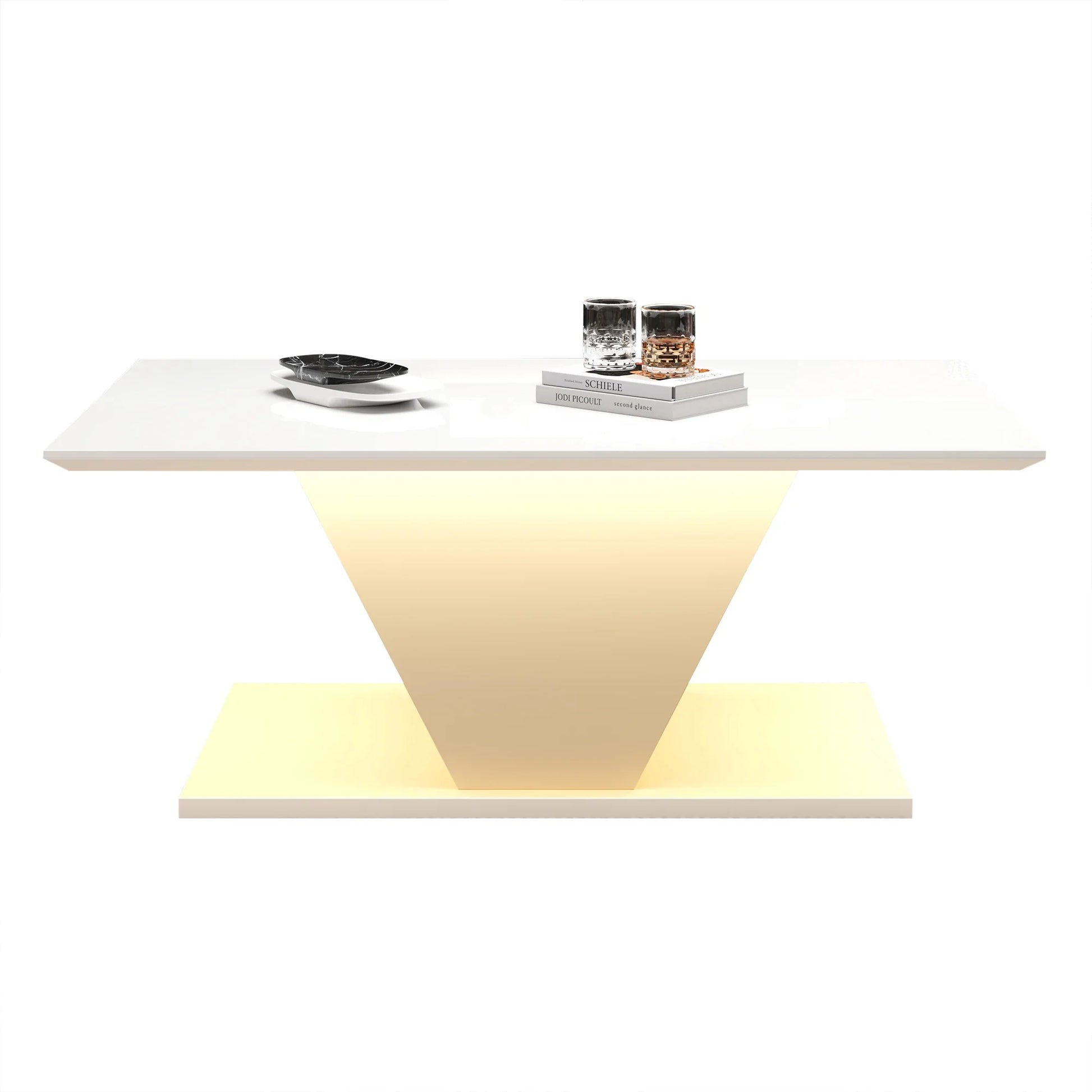Table basse blanche et en bois MDF haute brillance forme V avec LED RGB