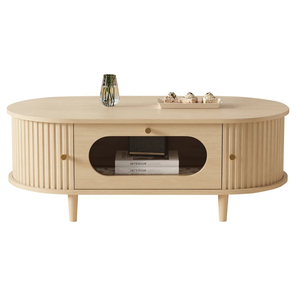 Table basse bois clair avec tiroir et porte coulissante 100x50x36 cm