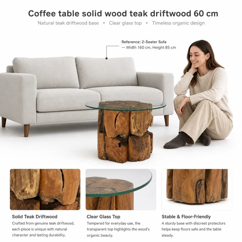 Table basse en bois massif teck 60 cm verre trempé brune