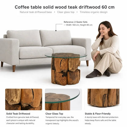 Table basse en bois massif teck 60 cm verre trempé brune