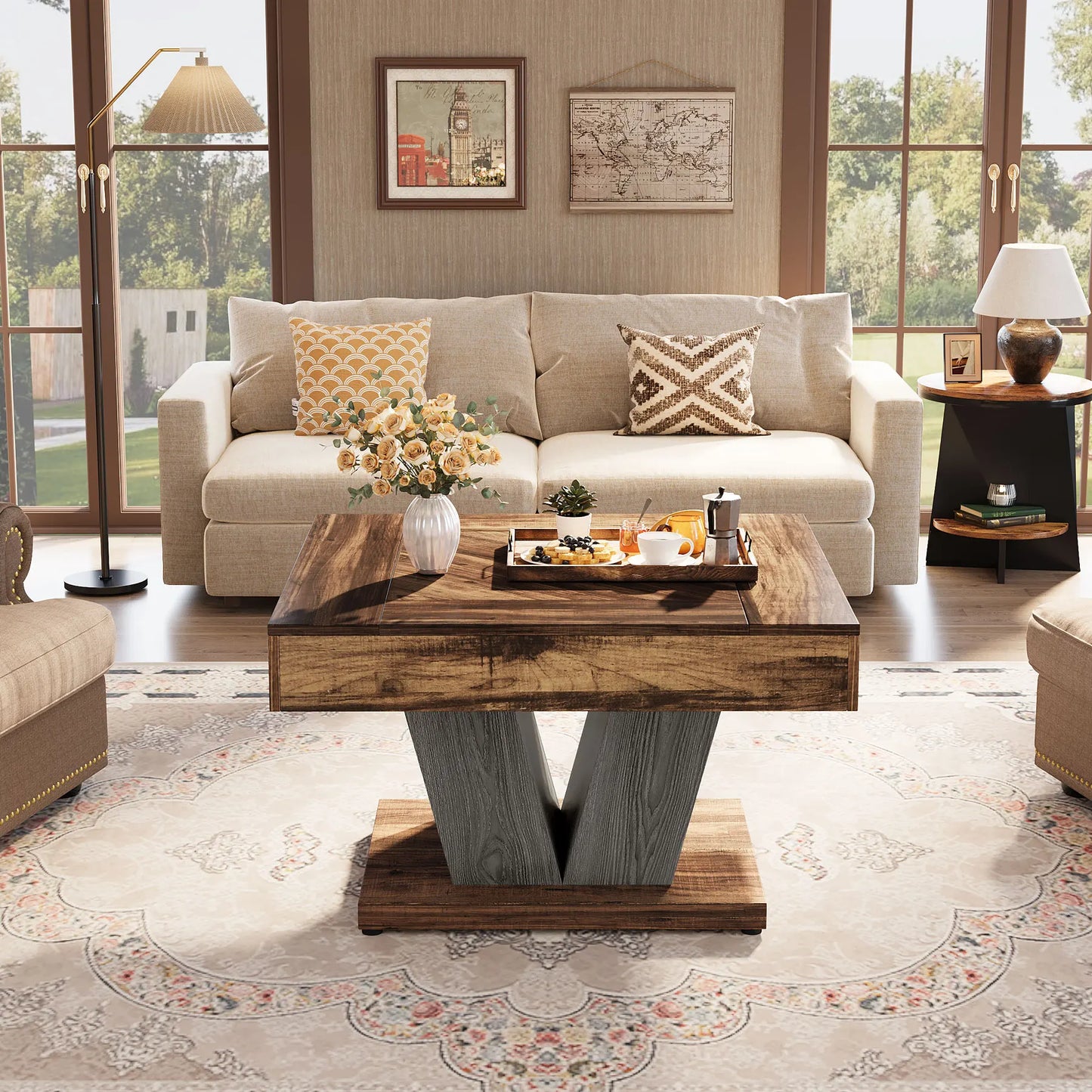 Table basse en bois massif 80 x 80 x 51 cm marron foncé et noire
