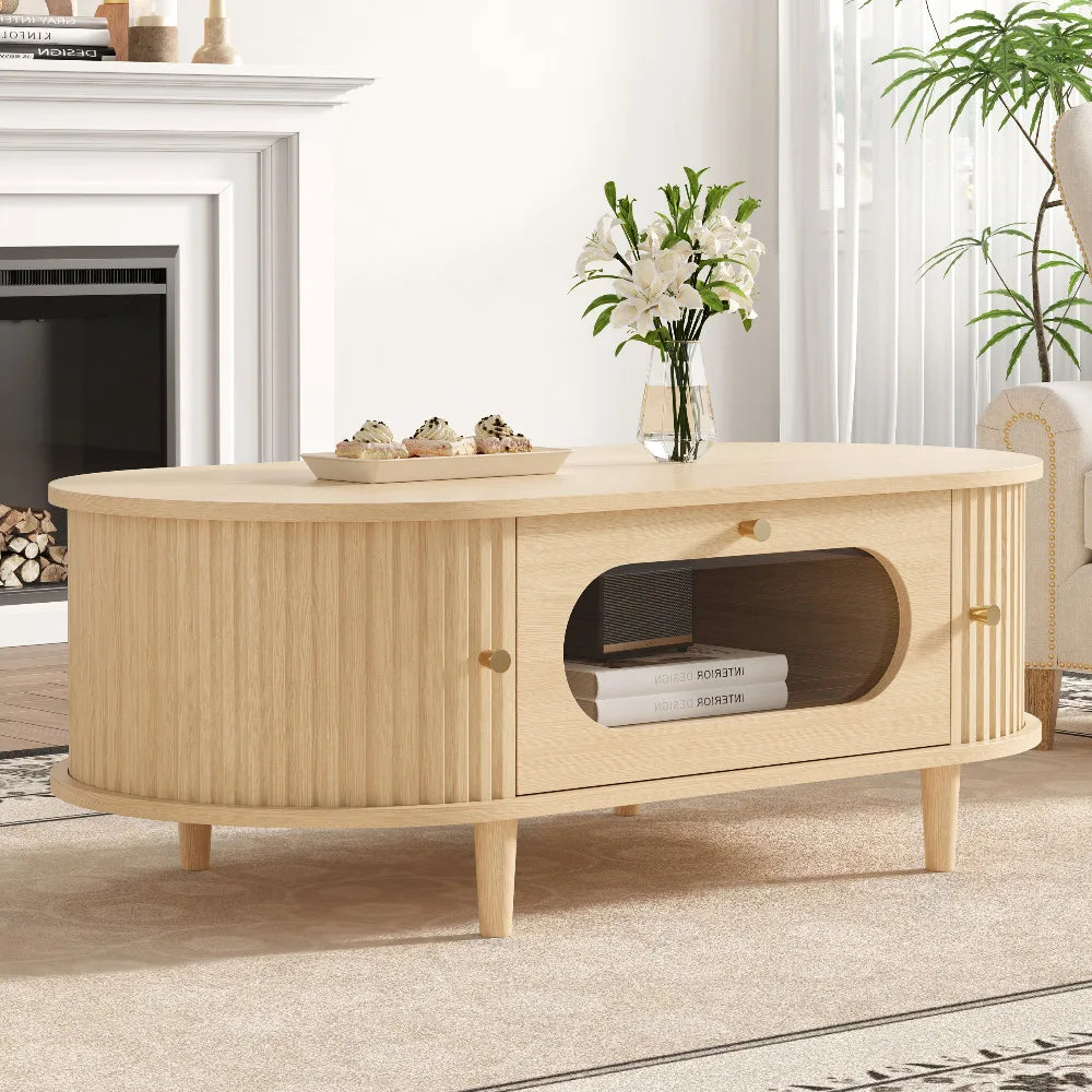 Table basse bois clair avec tiroir et porte coulissante 100x50x36 cm