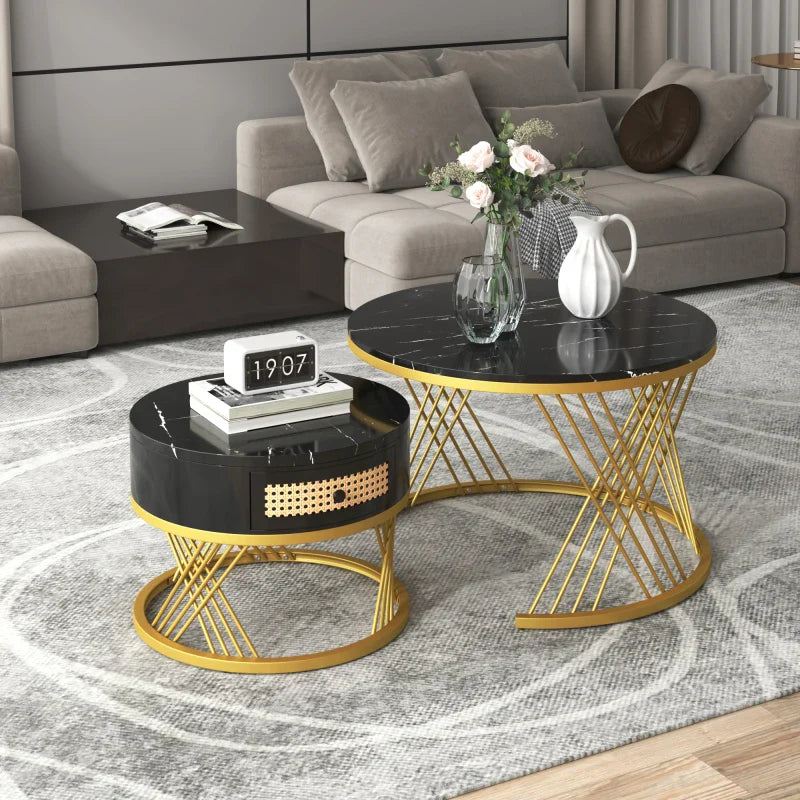 Table basse ronde en bois MDF avec plateau marbre et tiroirs rotin