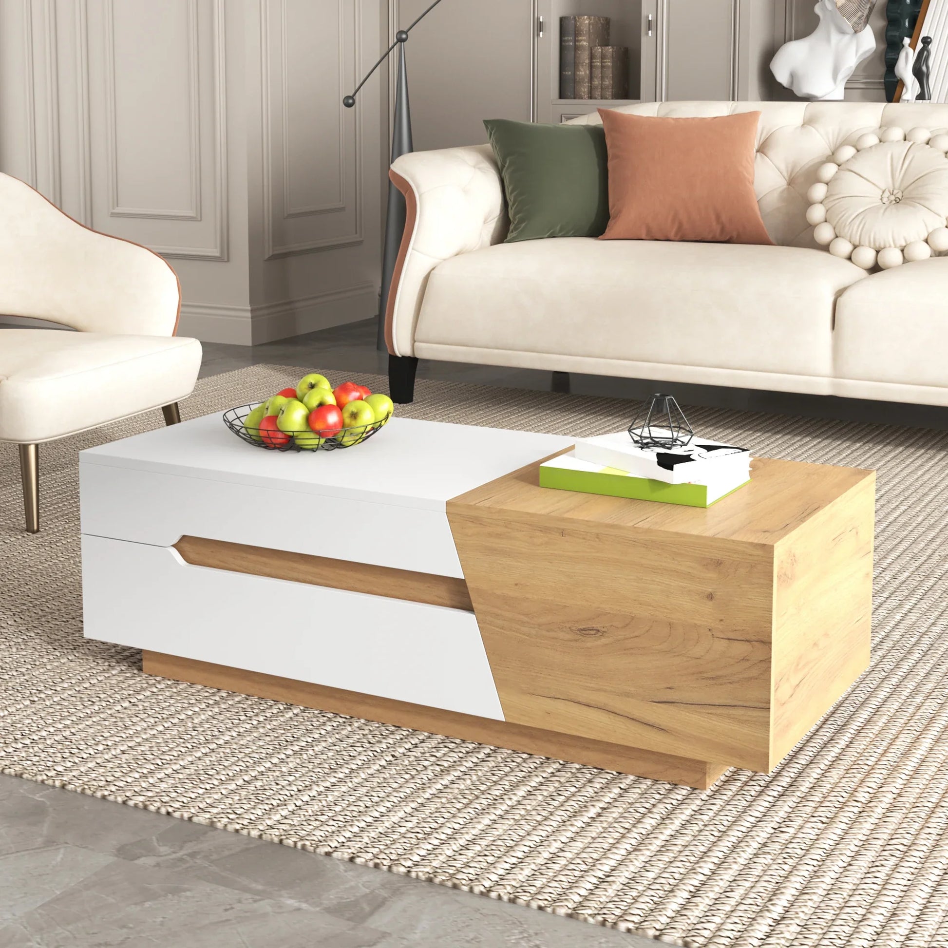 Table basse blanche et en bois panneau de particules extensible 120x50x37,5 cm
