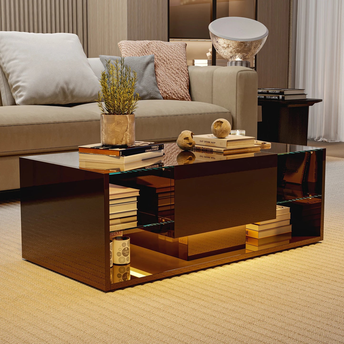 Table basse blanche et en bois avec éclairage LED et rangement