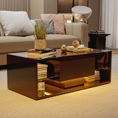 Table basse blanche et en bois avec éclairage LED et rangement
